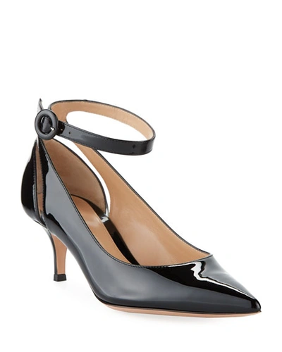 Gianvito Rossi Shiny Patent Low-heel Ankle-strap Pumps In Black