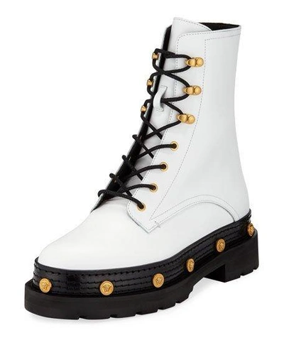 Versace Medusa Medallion Lace-up Combat Boots In White