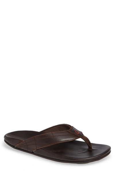 Olukai Men's Hokulea Kia Leather Flip-flop Sandals In Dark Wood Leather