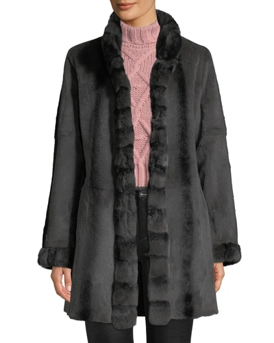 Belle Fare Reversible Long-sleeve Rabbit-trim Coat In Black/brown