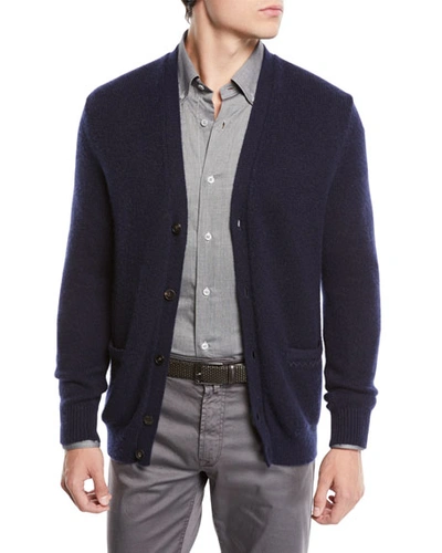 Neiman Marcus V-neck Button-front Cashmere-silk Cardigan In Navy