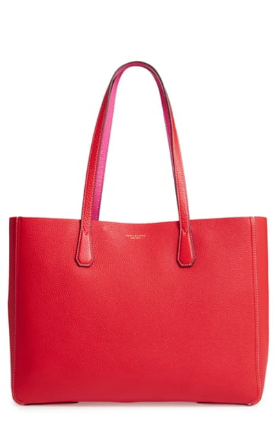 Tory Burch Perry Leather Tote - Red In Brilliant Red / Crazy Pink