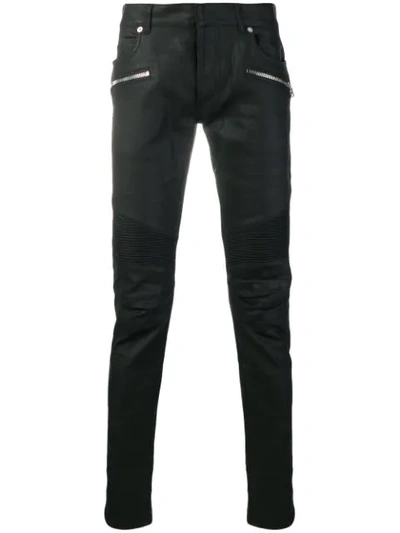 Balmain Skinny-fit Zip-detailed Distressed Stretch-denim Jeans In Black