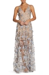 Dress The Population Sidney Deep V-neck 3d Lace Gown In Blue