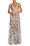 Dress The Population Sidney Deep V-neck 3d Lace Gown In Minrl Blue Flrl