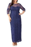 Js Collections Soutache Trim Mesh Column Gown In Navy