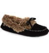 Acorn Faux Fur Trim Moccasin Indoor/outdoor Slipper In Black Suede