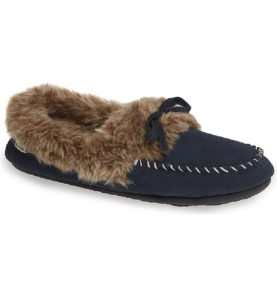 Acorn Faux Fur Trim Moccasin Indoor/outdoor Slipper In Mineral Stone Suede