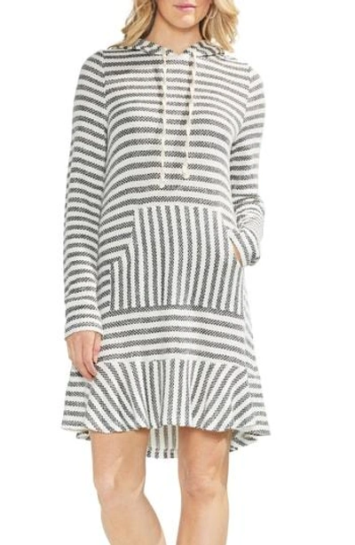 Vince Camuto Striped Pique Hoodie Dress In Rich Black
