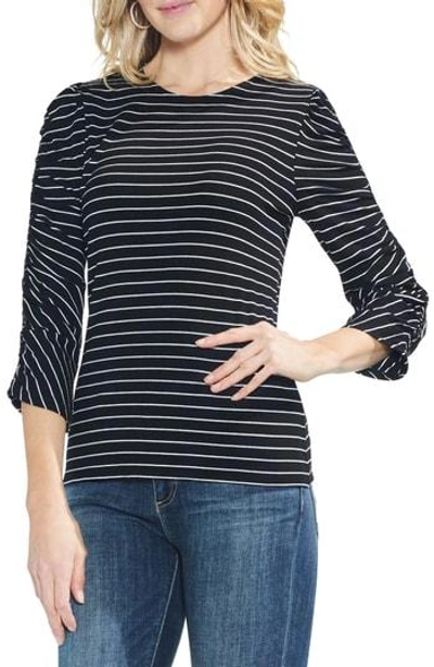 Vince Camuto Textured Ruched Sleeve Stripe Top In Rich Black