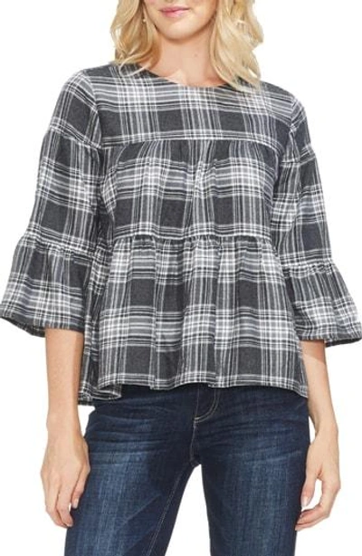 Vince Camuto Brushed Plaid Tiered Ruffle Top In Dark Dove Heather