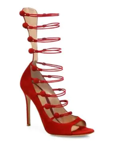 Gianvito Rossi Strappy Suede Peep Toe Pumps In Granata