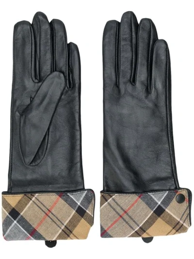 Barbour Lady Jane Tartan Cuff Leather Gloves In Black