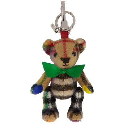 Burberry Thomas Bear Charm In Rainbow Vintage Check Cashmere In Multicolour/ Antique Yellow