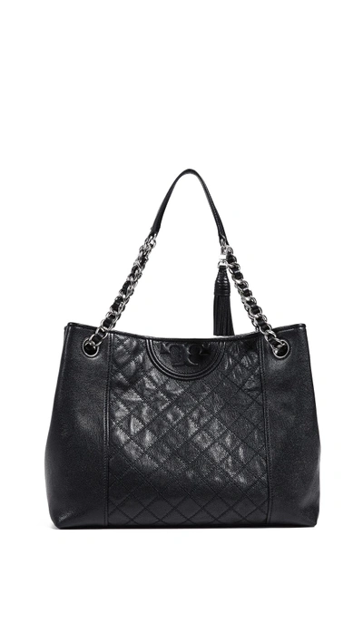 Tory Burch Fleming Distressed Leather Tote In Black