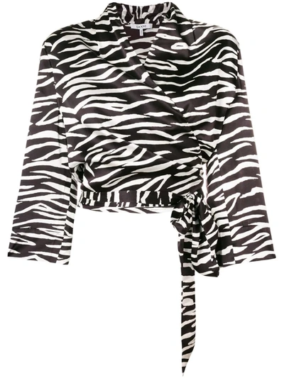 Ganni Blakely Zebra Print Silk Wrap Top In Black