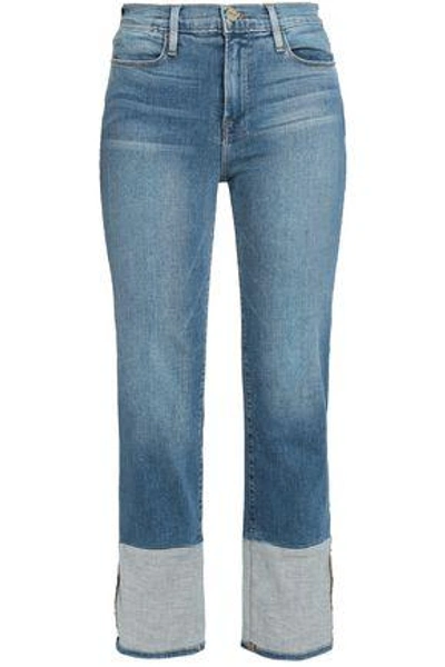 Frame Woman Two-tone High-rise Straight-leg Jeans Mid Denim