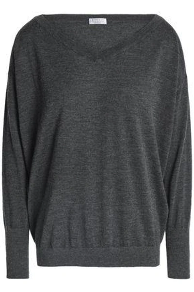 Brunello Cucinelli Woman Bead-embellished Cashmere And Silk-blend Sweater Dark Gray