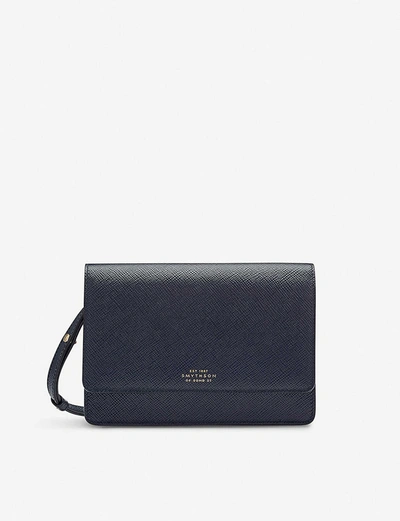Smythson Panama Cross-grained Leather Purse With Strap In Navy