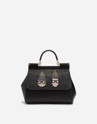 Dolce & Gabbana Medium Sicily Bag In Dauphine Calfskin With Patches Of The Designers In Black