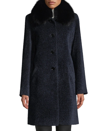 Sofia Cashmere Cocoon Button Coat W/ Fur Collar In Blue Pattern