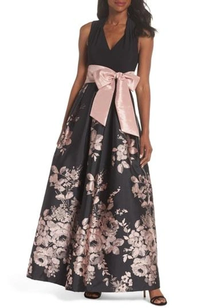 Eliza J Floral Belted Ball Gown In Black Blush