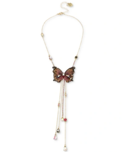 Betsey Johnson Gold-tone Bead & Butterfly 16" Lariat Necklace In Pink