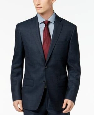 Dkny Men's Slim-fit Blue/tan Windowpane Suit Jacket In Navy