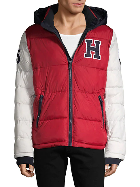 red tommy hilfiger bubble jacket