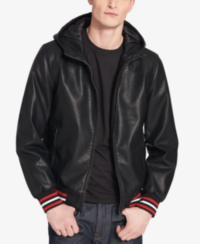 Tommy Hilfiger Men's Faux-leather Hooded Bomber Jacket In Black