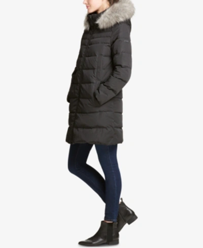 Dkny Petite Faux-fur-trim Hooded Puffer Coat, Created For Macy's In Black