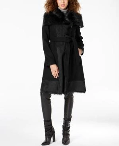 Vince Camuto Faux Fur Trim Belted Wrap Coat In Black