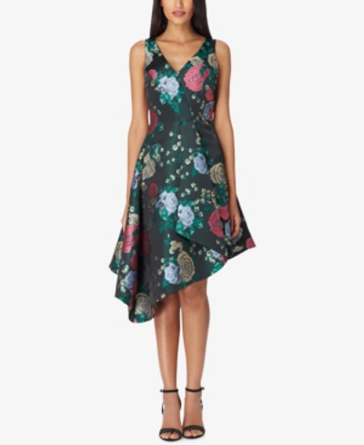 Tahari Asl Asymmetrical Jacquard Dress In Forest/rose
