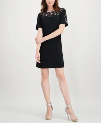 Calvin Klein Floral-embroidered Dress In Black