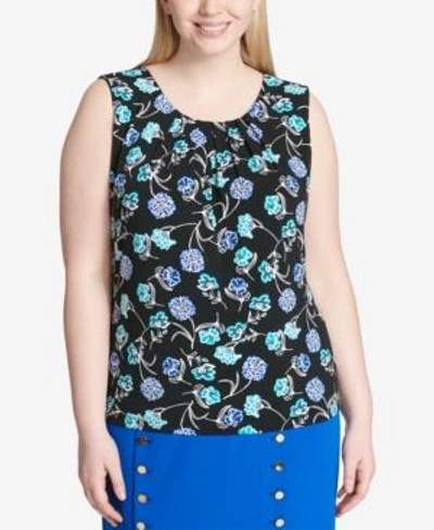 Calvin Klein Plus Size Pleated Floral-print Shell In Black Multi
