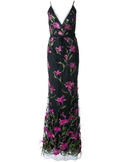 Marchesa Notte Long Embroidered Floral Dress In Black