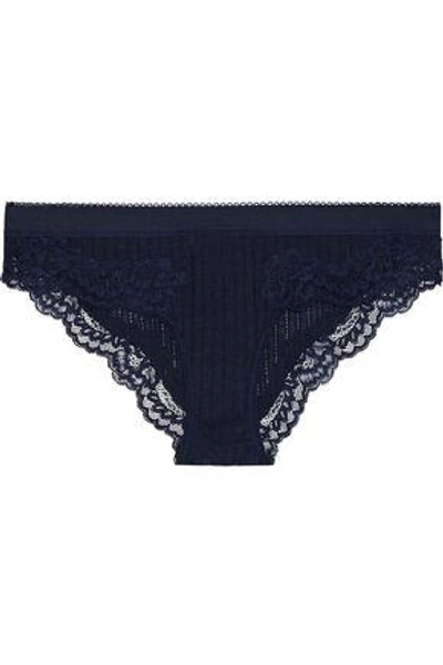 Stella Mccartney Woman Lace-trimmed Mélange Ribbed-knit Low-rise Briefs Midnight Blue