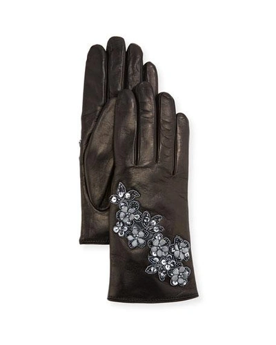 Guanti Giglio Fiorentino Floral Applique Leather Gloves In Black