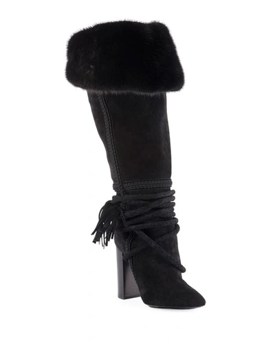 Saint Laurent Meurice Suede Knee Boots With Fur Collar In Black