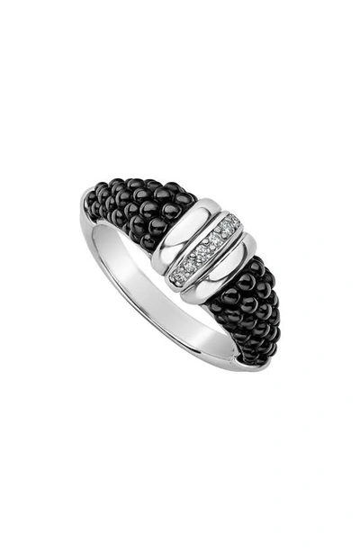 Lagos Sterling Silver Black Caviar Diamond & Black Ceramic Stacking Ring In Black/silver