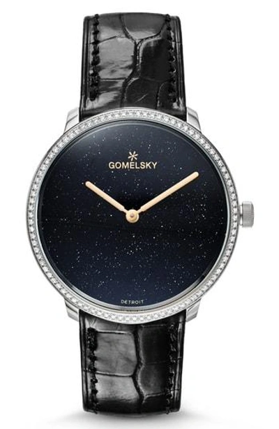 Gomelsky The Lois Diamond Alligator Strap Watch, 36mm In Black/ Sandstone/ Silver
