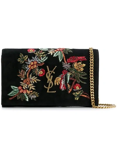 Saint Laurent Floral Embroidered Shoulder Bag - Black