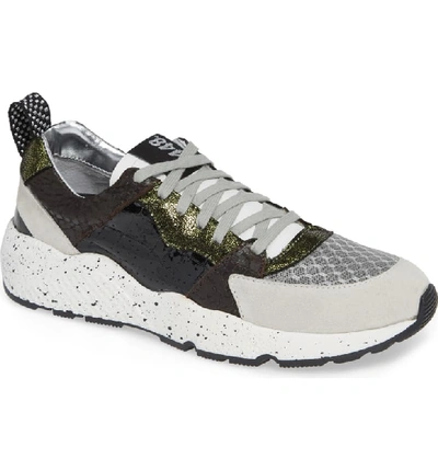 P448 Alex Colorblock Mixed-media Trainer Sneakers In Olive/ Silver Shine