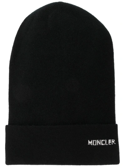 Moncler Logo Cashmere Beanie Hat In Black