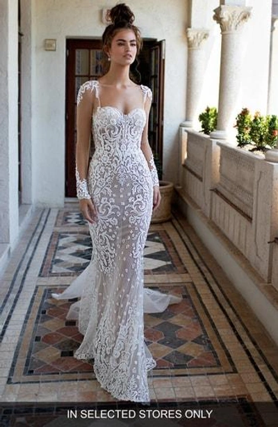 Berta Illusion Sleeve Embroidered Trumpet Gown In Ivory