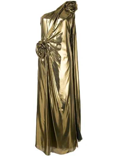 Ingie Paris Fluid Lamé Long Dress W/ Rose Details In Gold