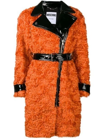 Moschino Belted Shearling Coat In Orange
