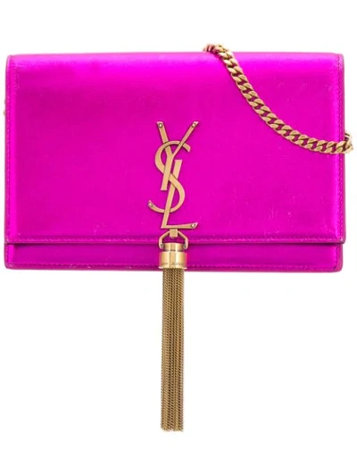 Saint Laurent Kate Metallic Leather Wallet-on-chain In 5582 Fuxia/nero/nero