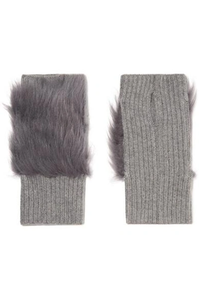 Karl Donoghue Shearling-trimmed Ribbed Cashmere Fingerless Gloves In Gray