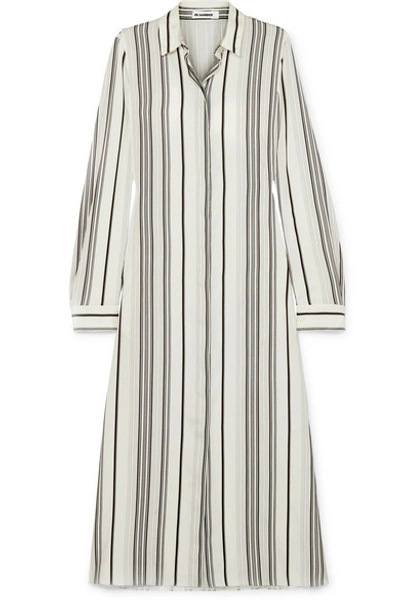 Jil Sander Embroidered Striped Grain De Poudre Silk Shirt In White